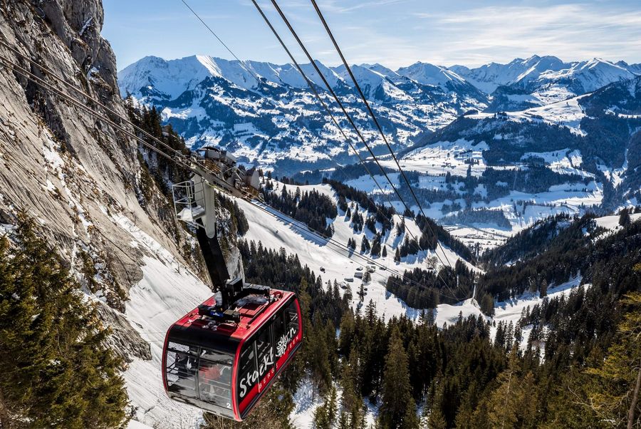 Stockhorn Gondel mit Panorama auf Berge im Winter