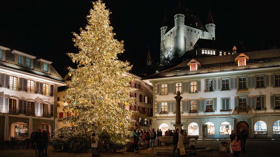 Auf dem Rathausplatz in Thun steht jeweils ein grosser Weihnachtsbaum, im Hintergrund das Schloss Thun